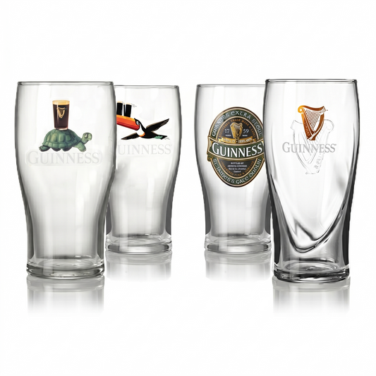 The Guinness Collectors Edition Pint Glass Set from Guinness Webstore US includes four glasses with unique designs—a turtle with a pint, a toucan, the classic emblem, and the iconic harp logo, celebrating rich Irish heritage.