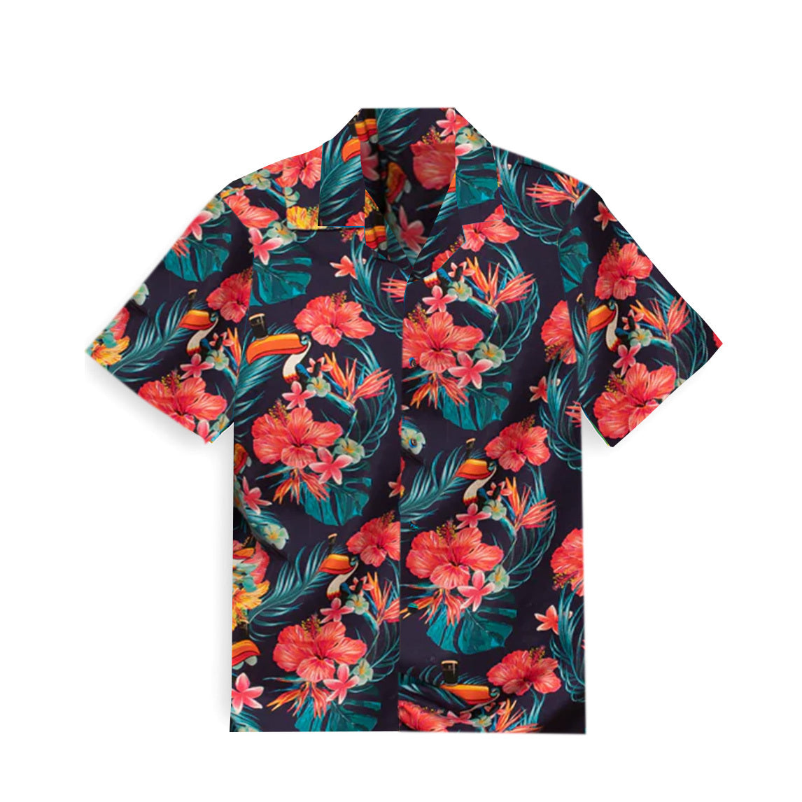 Experience tropical paradise vibes with the Guinness Toucan Hawaiian Shirt, featuring a vibrant print of red hibiscus flowers, green leaves, and toucans on a dark background. Made from 100% cotton for maximum comfort and breathability.