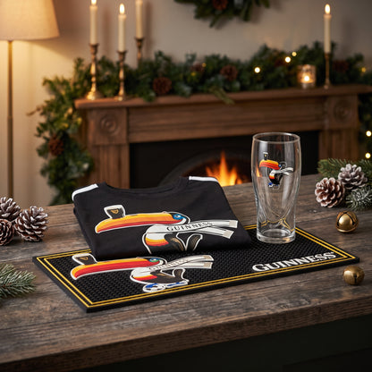 The Guinness Soccer Premium Holiday Gift Set from Guinness Webstore US, with a T-shirt, glass, and bar mat, makes a perfect Christmas gift.