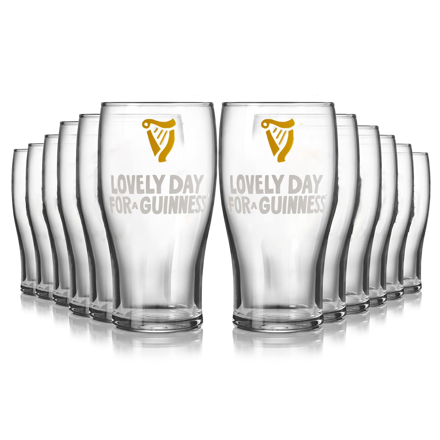The Guinness Webstore US offers a 12 pack of Seb Curi Lovely Day Pint Glasses, each showcasing the iconic logo and "Lovely Day for a Guinness" design—ideal for collectors and display.