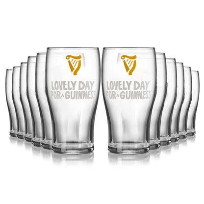 The Guinness Webstore US offers a 12 pack of Seb Curi Lovely Day Pint Glasses, each showcasing the iconic logo and "Lovely Day for a Guinness" design—ideal for collectors and display.