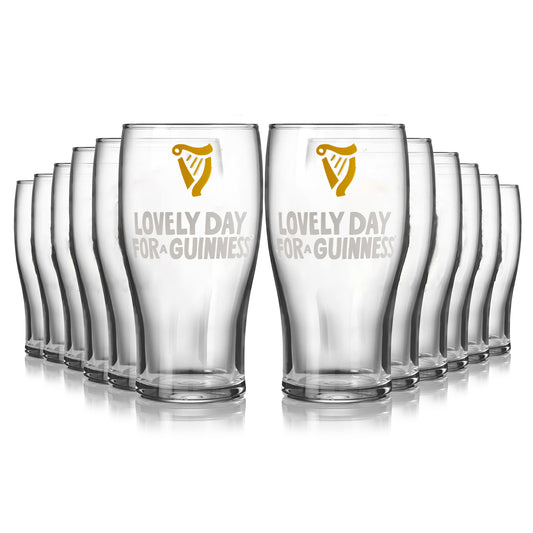 The Guinness Webstore US offers a 12 pack of Seb Curi Lovely Day Pint Glasses, each showcasing the iconic logo and "Lovely Day for a Guinness" design—ideal for collectors and display.