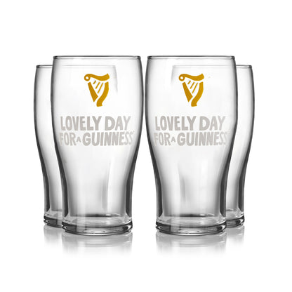 The Guinness Seb Curi Lovely Day Pint Glass 4 Pack from Guinness Webstore US includes four collector’s pint glasses with the "Lovely Day For A Guinness" slogan—ideal for fans and collectors.
