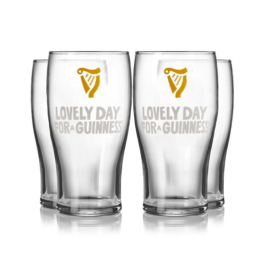 The Guinness Seb Curi Lovely Day Pint Glass 4 Pack from Guinness Webstore US includes four collector’s pint glasses with the "Lovely Day For A Guinness" slogan—ideal for fans and collectors.