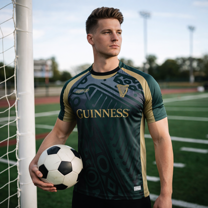 A man wears the Guinness Retro Harp Performance Soccer Jersey in green and gold, holding a soccer ball on a sports field near the goalpost, highlighting the classic style of this Guinness jersey.