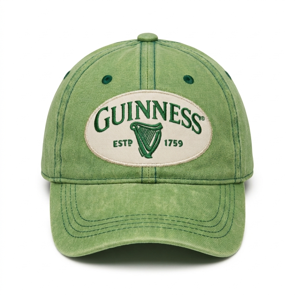 Front view of Guinness Green Distressed Baseball Cap featuring a washed green finish, curved brim and oval Guinness harp logo patch with 1759 detailing.