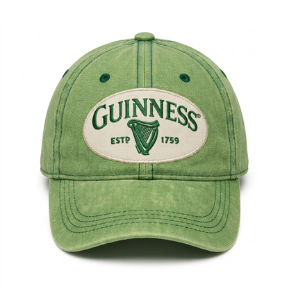 Front view of Guinness Green Distressed Baseball Cap featuring a washed green finish, curved brim and oval Guinness harp logo patch with 1759 detailing.