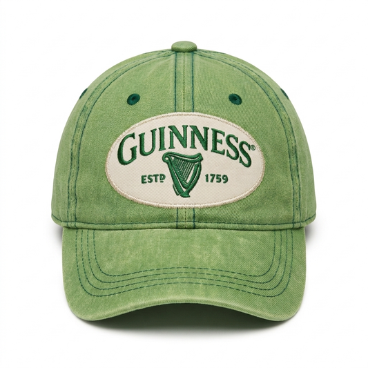 Front view of Guinness Green Distressed Baseball Cap featuring a washed green finish, curved brim and oval Guinness harp logo patch with 1759 detailing.