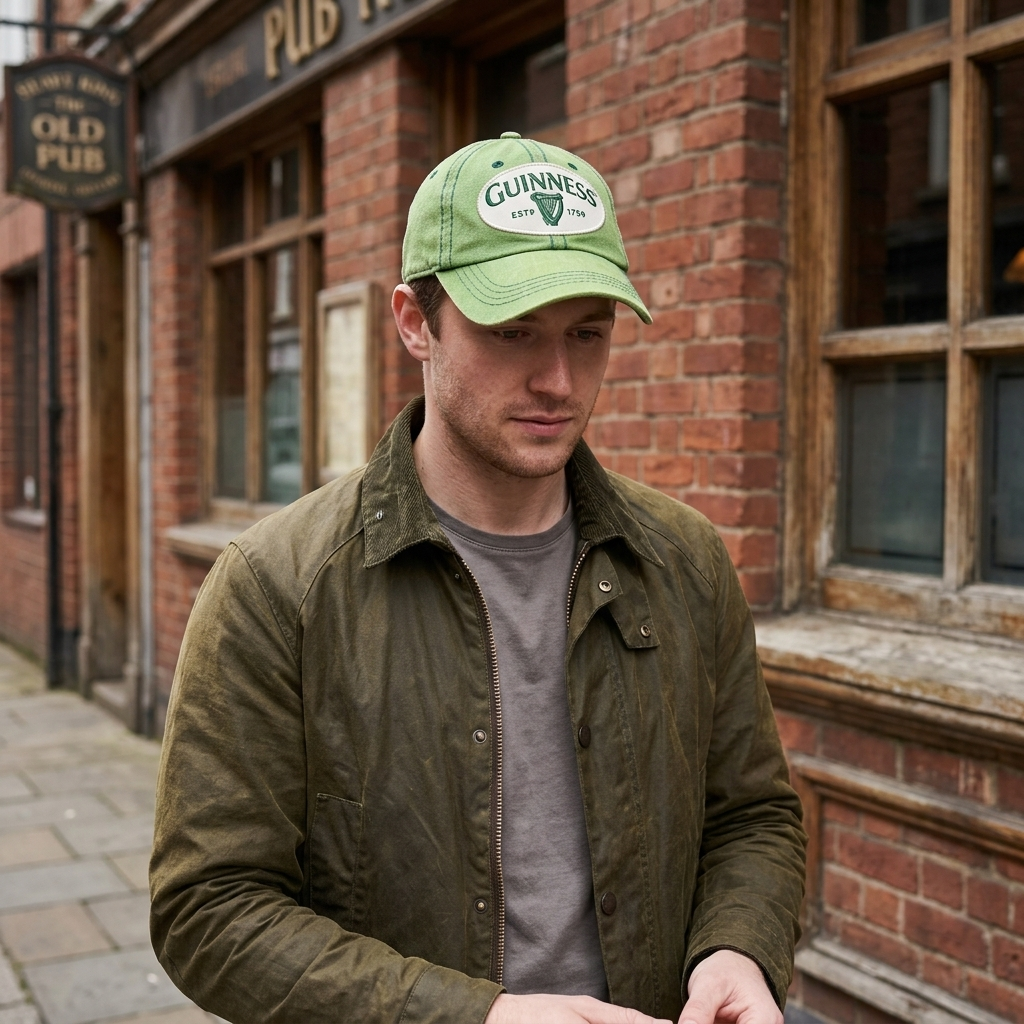 A man wearing a green distressed Guinness Green Distressed Baseball Cap with an oval logo patch.