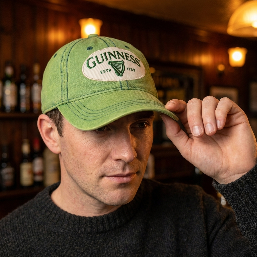 A man wearing a green distressed Guinness Green Distressed Baseball Cap with a white patch featuring the brand logo.