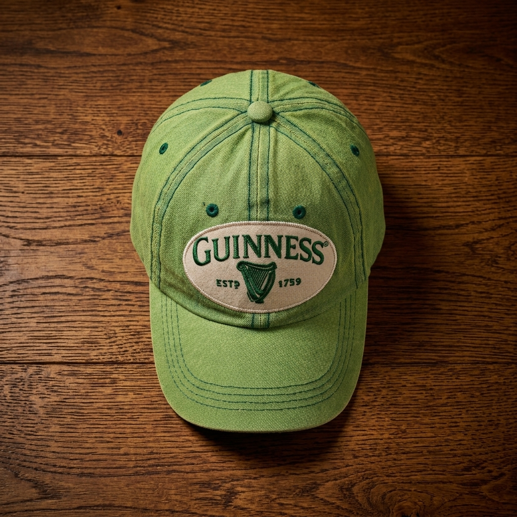 Guinness Green Distressed Baseball Cap in vintage green featuring a centered oval patch with the Guinness logo and the year 1759.