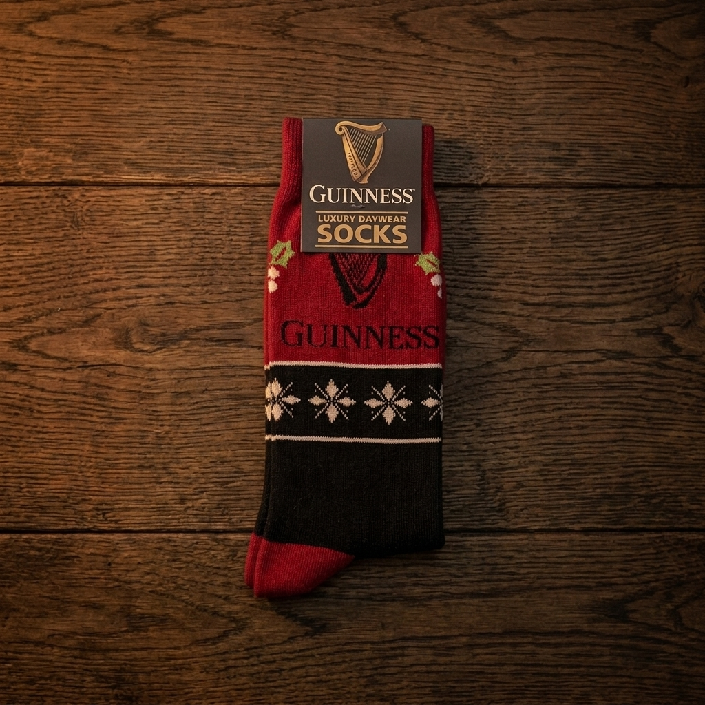 Guinness Harp & Holly Holiday Socks in red and black, featuring a harp emblem, holly berries, and snowflake patterns, displayed with product packaging.