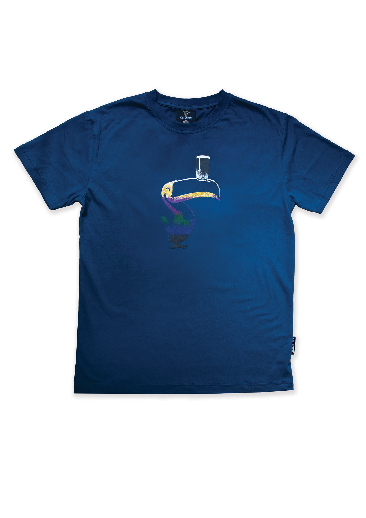 A Guinness Liquid Toucan Tee - Blue with an image of a boat on it.