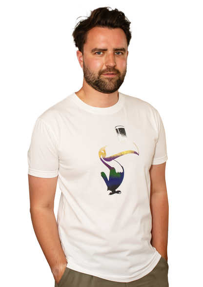 A man wearing a Guinness Liquid Toucan Tee - White with a bird on it.