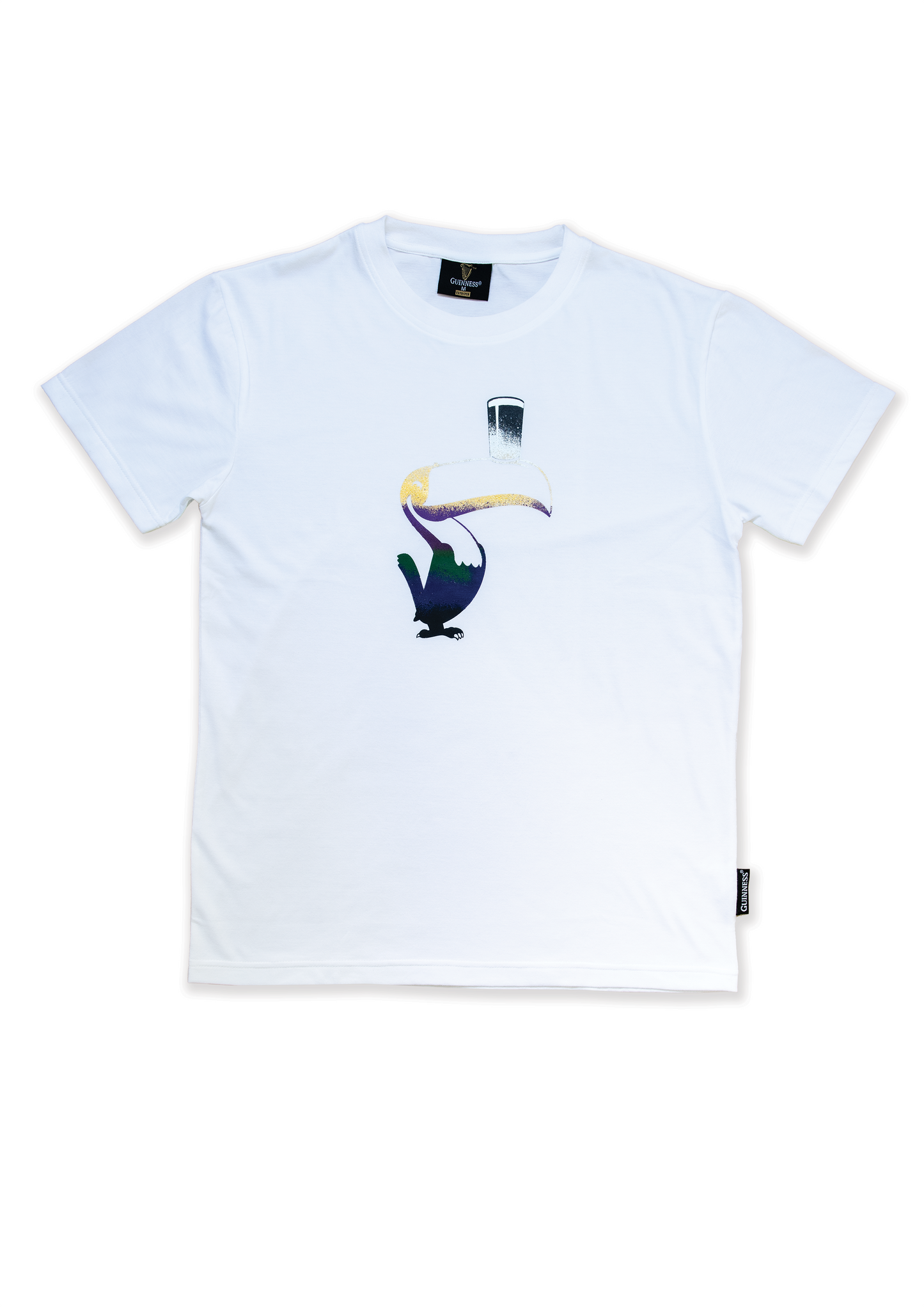 A white short sleeve Guinness Liquid Toucan Tee with an image of a Guinness Toucan on it.