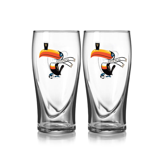 The Guinness Webstore US Soccer Pint Glass 2 Pack—Special Edition features two clear pint glasses with a Guinness banner and iconic toucan, perfect for true fans.