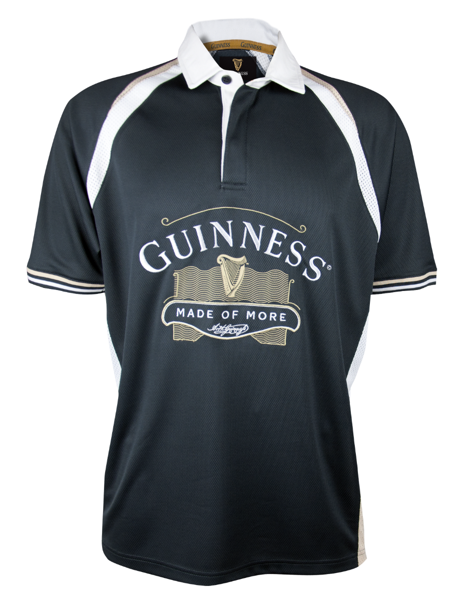 Moisture-wicking Made of More Rugby Jersey in black and white with Guinness branding.
