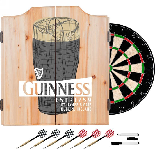 Guinness Dart Cabinet Set with Darts and Board - Line Art Pint, including darts and board.