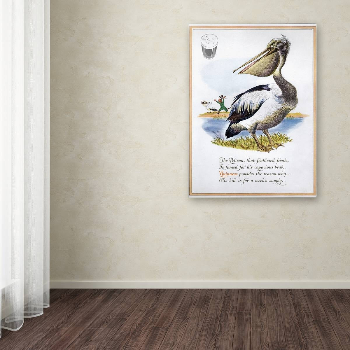 A Guinness Brewery 'Guinness Pelican' Canvas Art with a poem on it.