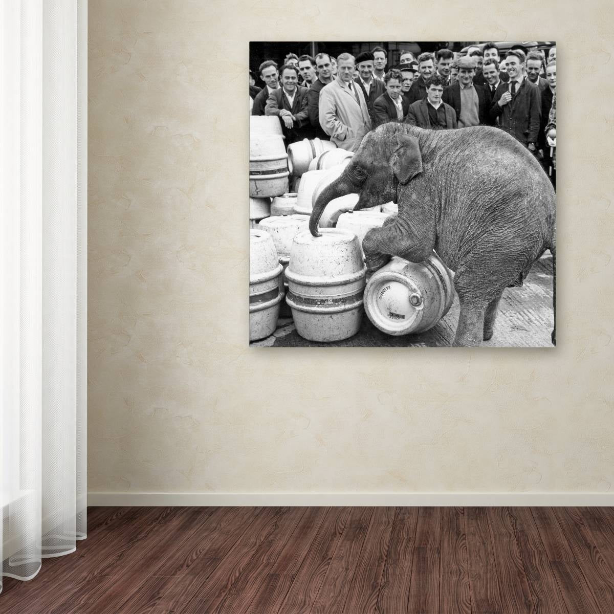 An iconic Guinness logo, a black and white photo of an elephant in a room, transformed into captivating Guinness Brewery 'Guinness XIX' Canvas Art.