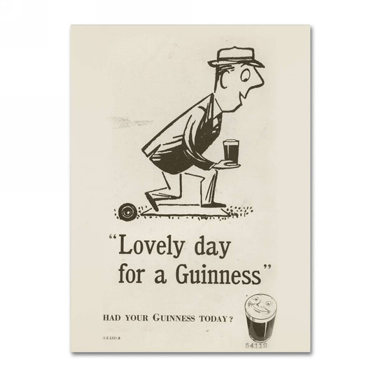 Lovely day for a Guinness! Indulge in the refreshing taste of this iconic beer while soaking in the humorous moments life has to offer. Whether you're relaxing on a canvas chair or laughing with, Guinness Brewery 'Lovely Day For A Guinness II' Canvas Art, enjoy the essence of this renowned brand.