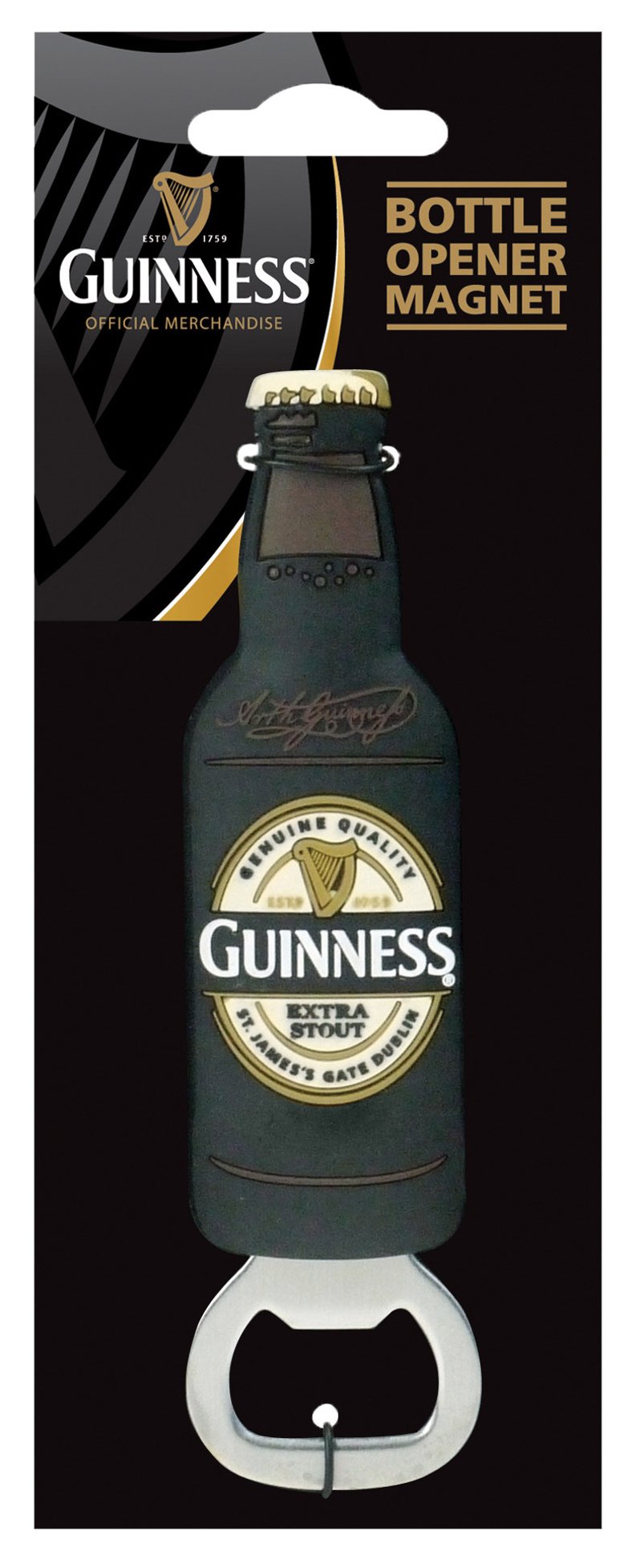The Guinness Perfect Pour Bundle from Guinness Webstore US features an official merchandise bottle-shaped magnet with a built-in bottle opener, elegantly displayed in retail packaging—the ideal home bar essential to complement your favorite pint glass.