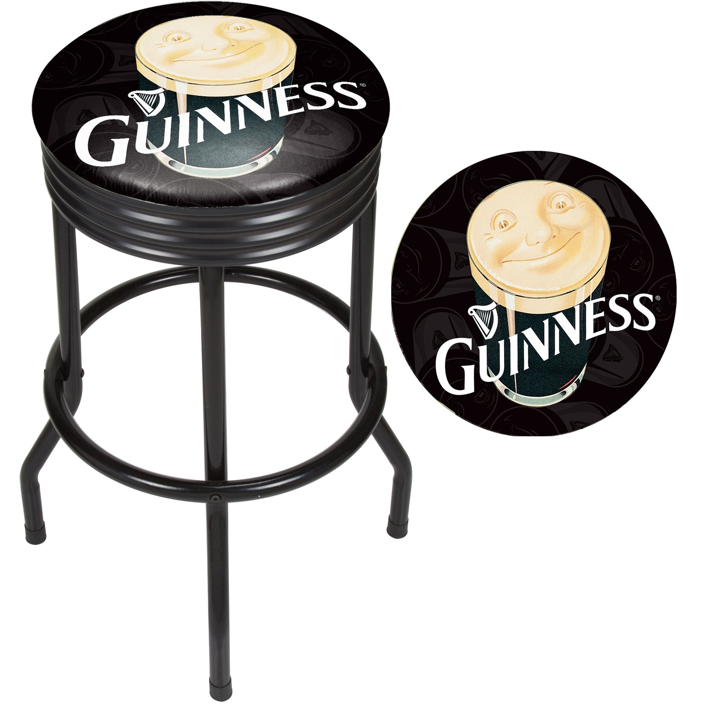 Guinness brand Guinness® Black Ribbed Bar Stool - Smiling Pint with a comfortable seat and guinness logo.