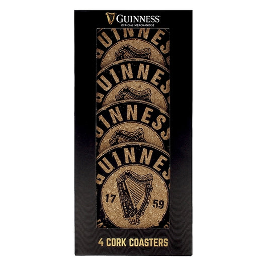 Branded Guinness coasters in a box.

Revised Sentence: Guinness Cork Coaster Set - 4 PK in a box.