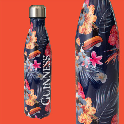 A reusable stainless steel Guinness water bottle with a Guinness Toucan Hawaiian print.