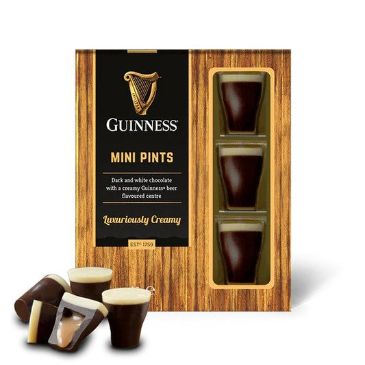 Luxury Guinness Chocolate Mini Pints in a box, accompanied by Lir Chocolates.