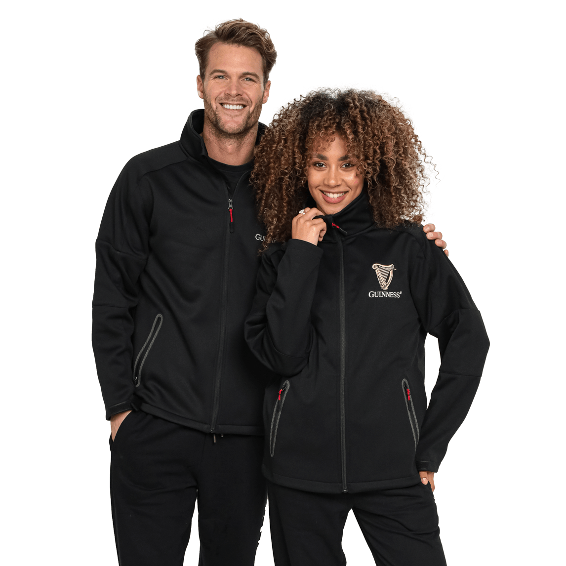 A man and woman posing for a photo in a Guinness Soft shell Waterproof Jacket coated with TPU coated polyester.