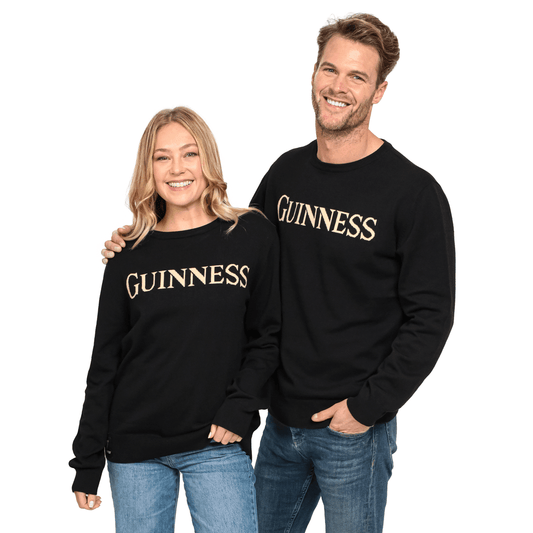 Two people wearing Guinness 100% Organic Cotton Jumpers.