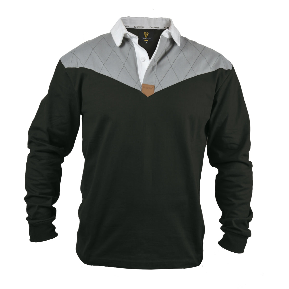 A men's Guinness Heritage Charcoal Grey & Black Long-Sleeve Rugby jersey, made with cotton fabric.