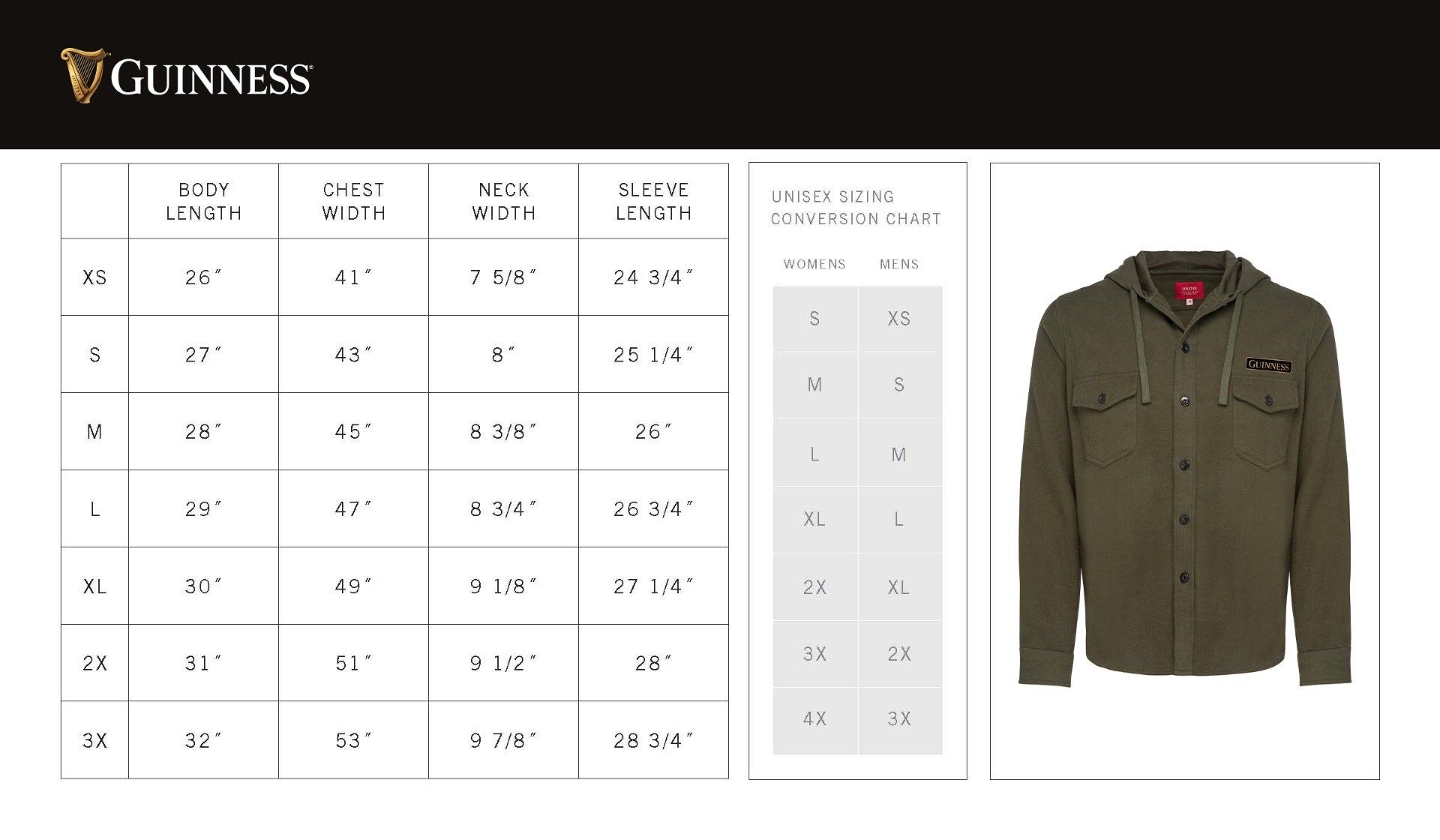 Guinness Deep Green Shirt Jacket size chart.