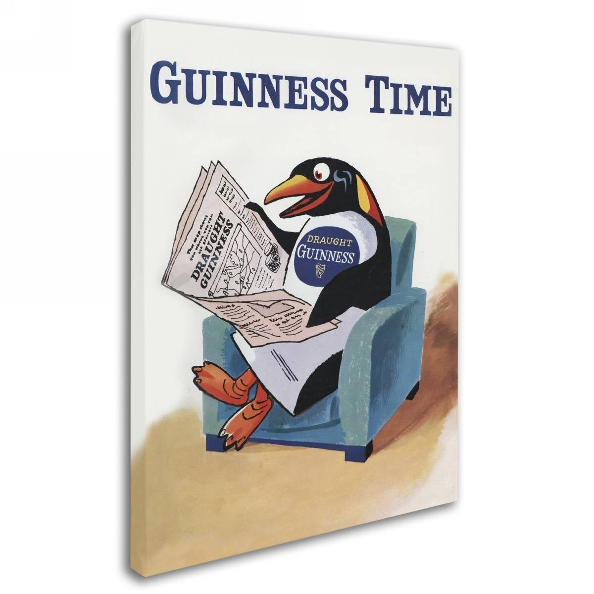 Penguin sitting in a chair reading a newspaper with the Guinness Brewery 'Guinness Time II' Canvas Art print.
