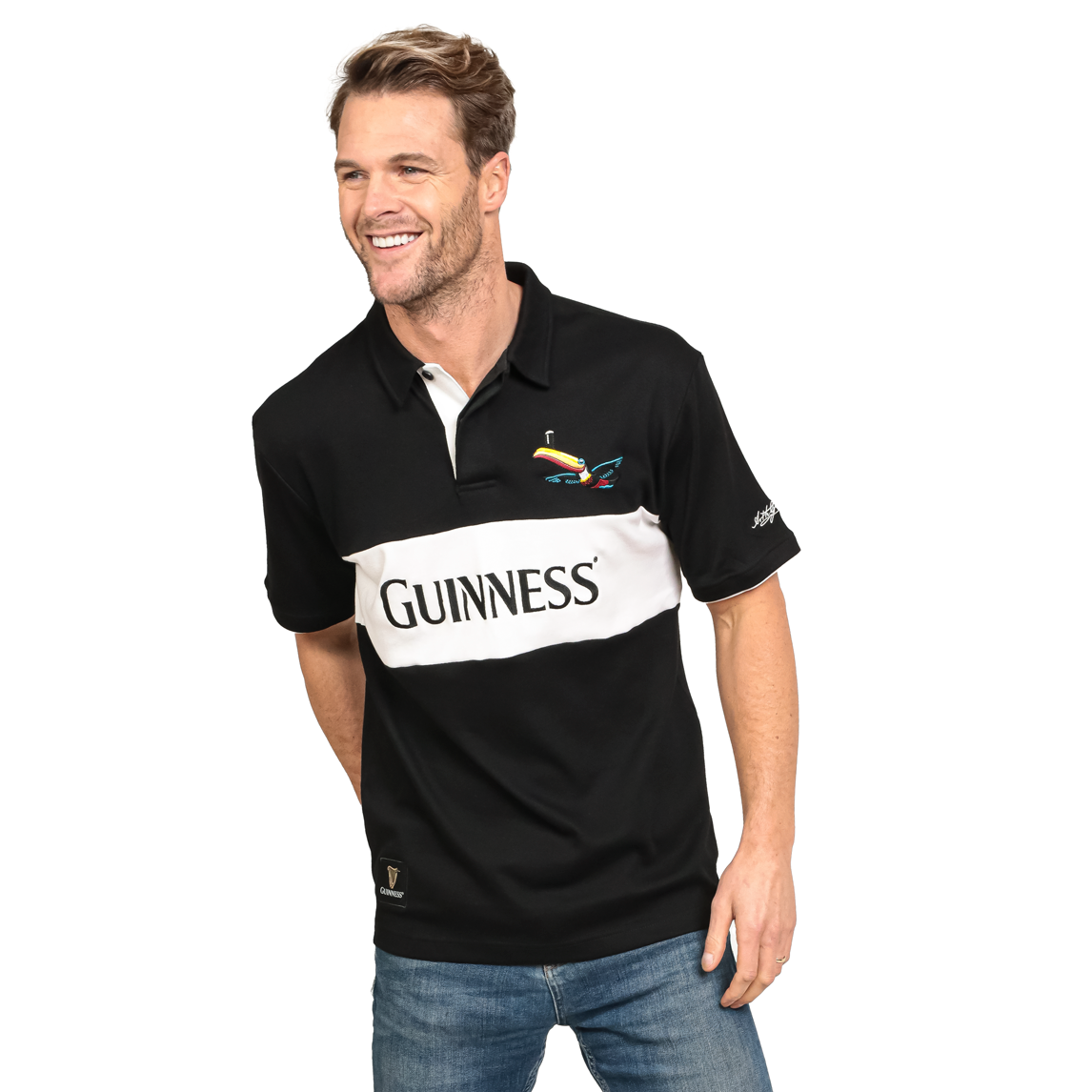 Black and White Guinness Toucan Short Sleeve Rugby men's polo shirt.