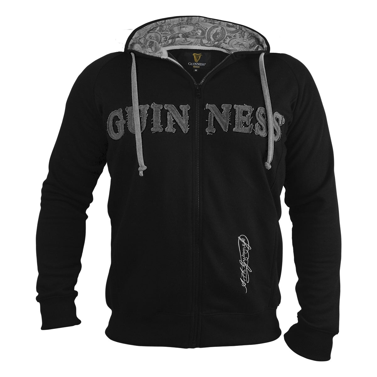 A stylish Guinness Vintage Black & Grey Label Lined Hoodie displaying the iconic word "Guinness" on the front.