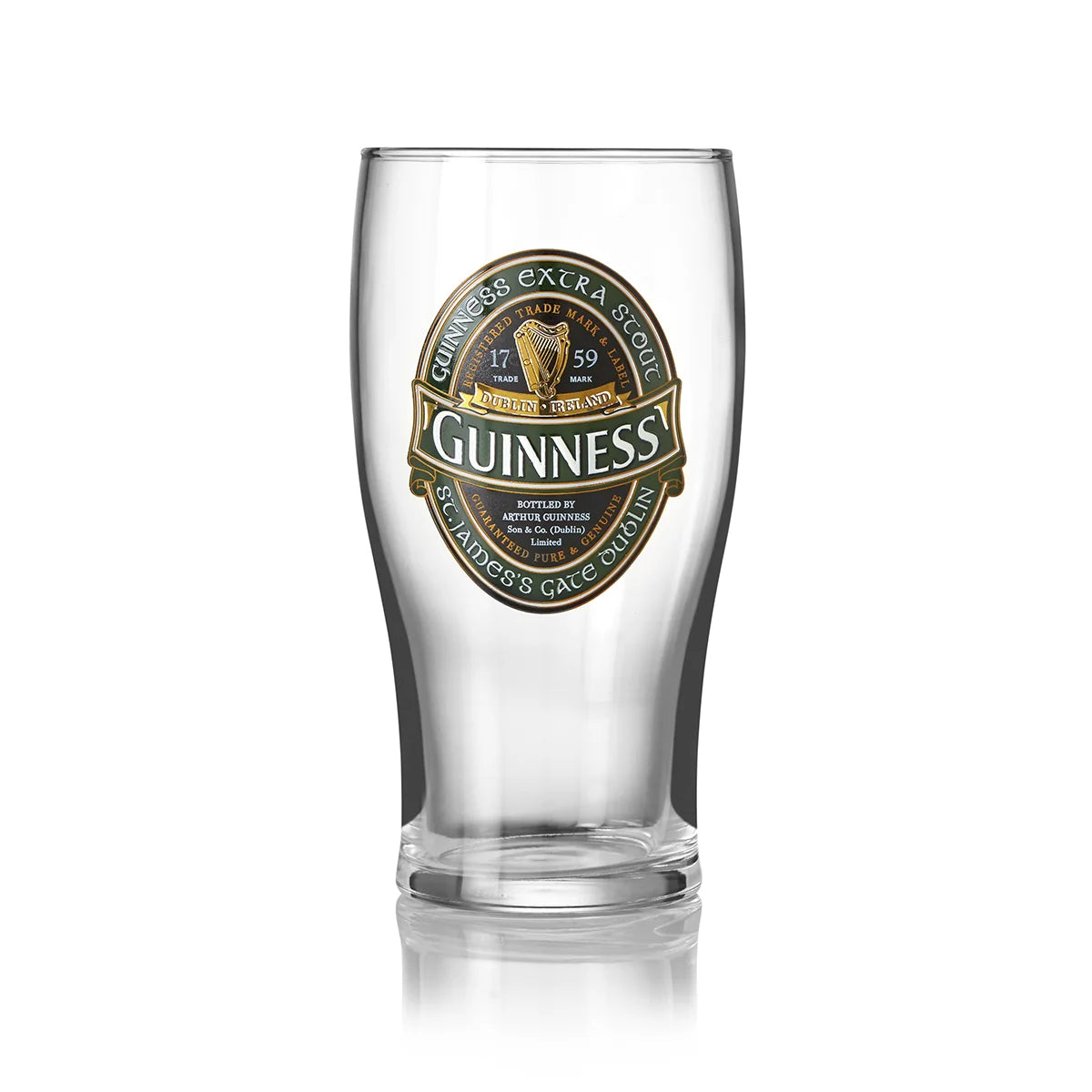 The Guinness Collectors Edition Pint Glass Set from Guinness Webstore US features a clear pint glass with the Extra Stout label, harp logo, and St. James's Gate, Dublin text—ideal for collectors or adding Irish flair to any gathering.
