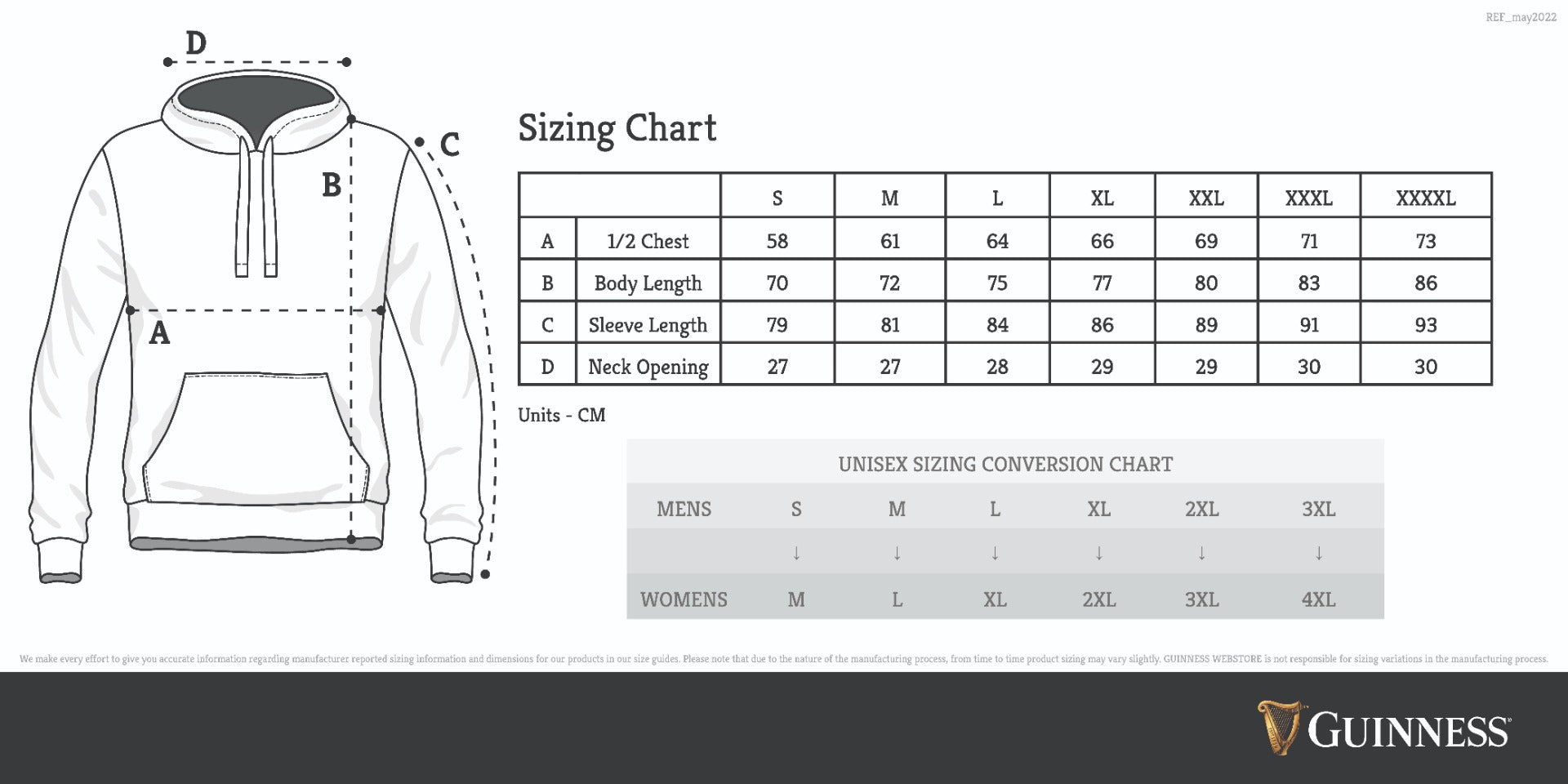 Grey and Green Guinness Hoodie size chart.