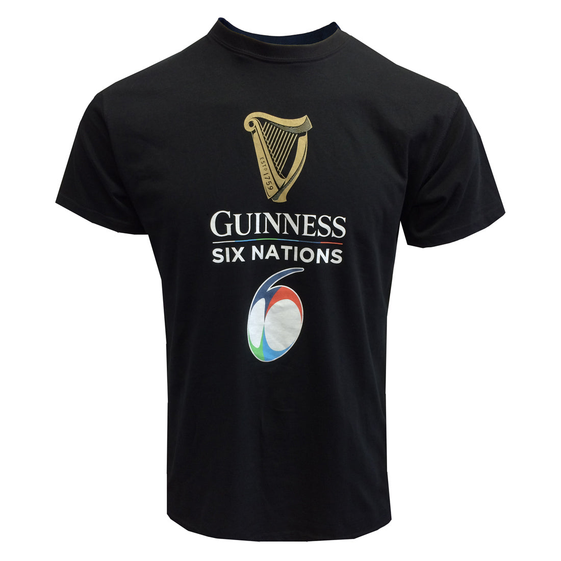 Guinness Six Nations Black Tee with the "Official Guinness Six Nations Merchandise" logo featuring a gold harp above a colorful rugby ball.