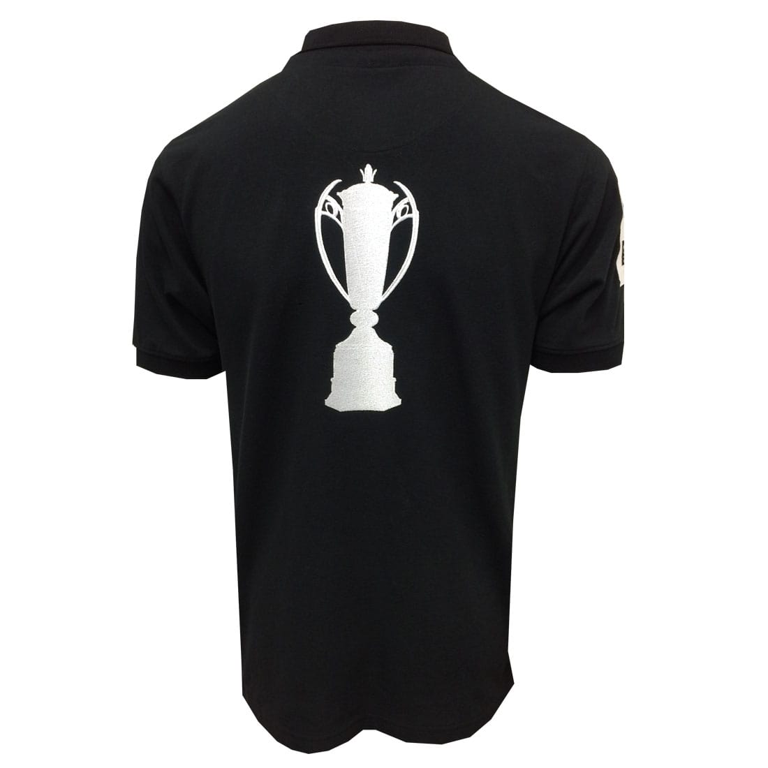 Guinness Six Nations Black Polo Shirt with a large white Six Nations trophy graphic on the back.