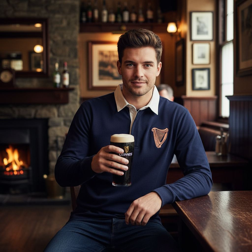A man in a Guinness Navy Long Sleeve Rugby Shirt from Guinness Webstore US relaxes in a cozy pub, holding a stout as the fireplace and bar shelves enhance the vintage Irish atmosphere.