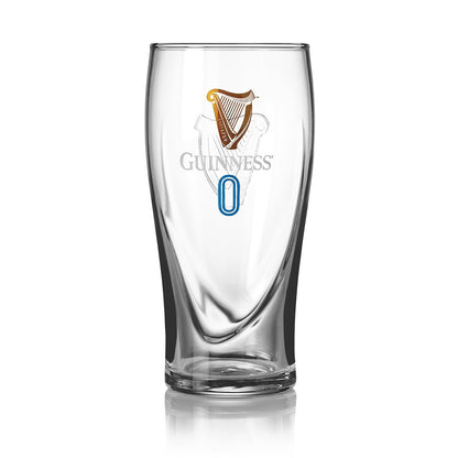 The Guinness 0 Gravity Pint Glass from Guinness Webstore US is a clear pint glass with the iconic logo, harp emblem, and a blue “0” beneath the logo, shown on a white background.