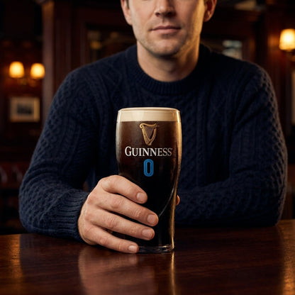 A person in a navy sweater holds a Guinness 0 Gravity Pint Glass from Guinness Webstore US at a wooden table in a dimly lit pub.