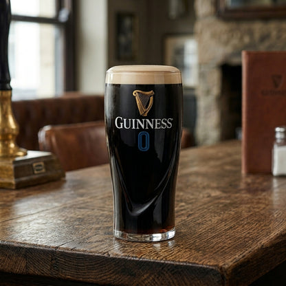 A Guinness 0 Gravity Pint Glass from the Guinness Webstore US holds Guinness 0 atop a wooden table in a cozy, rustic pub setting bathed in soft natural light.