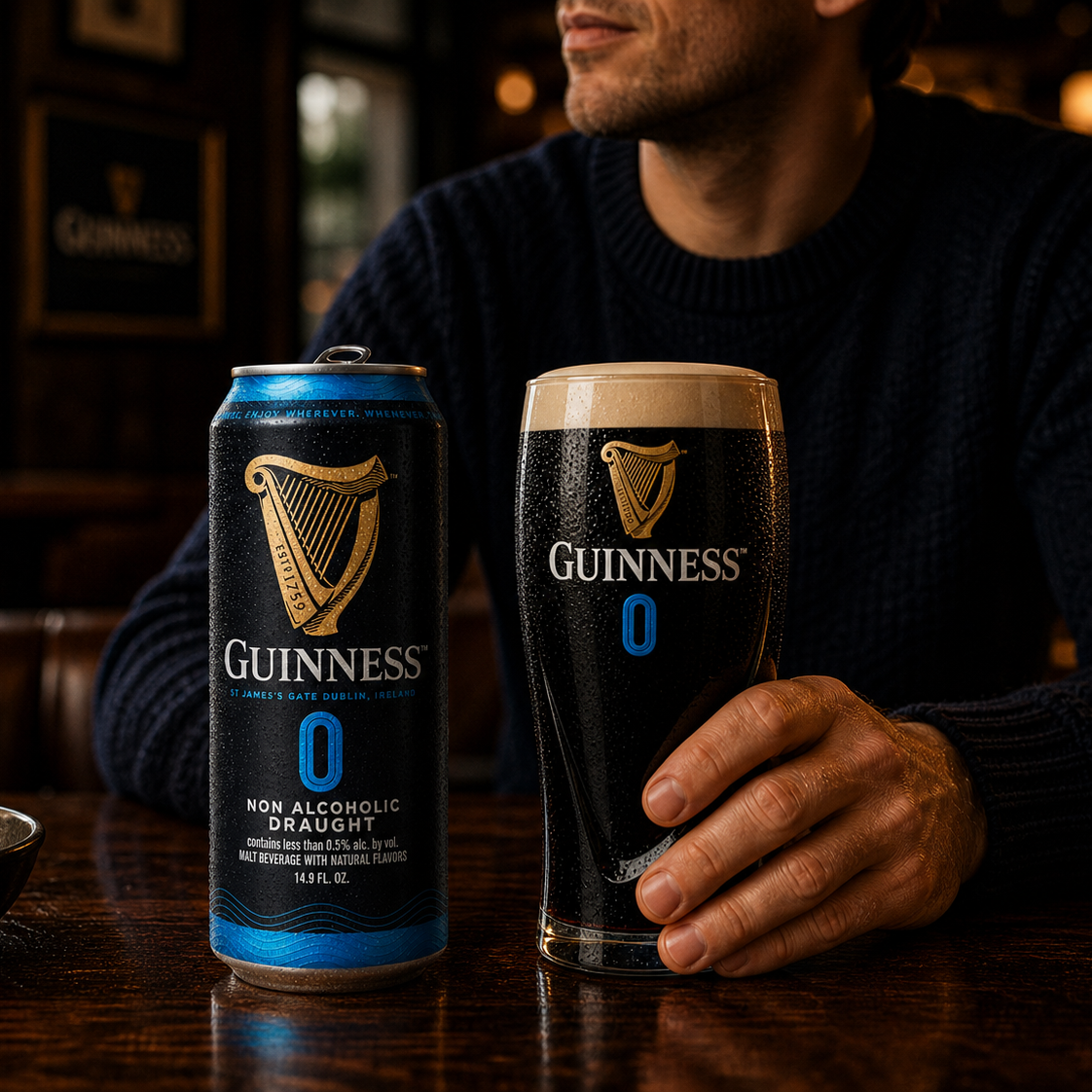 A person holds a Guinness 0 Gravity Pint Glass – 2 Pack from Guinness Webstore US, filled with Guinness 0.0 non-alcoholic draught, beside a matching can, with a bowl of nuts in the background.