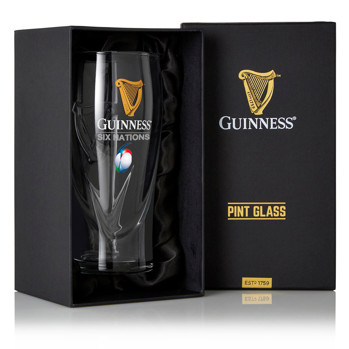 The Guinness Pint Glass Luxury Gift Box from Guinness Webstore US features a branded pint glass with "Six Nations" designs, presented in a luxury box—an ideal gift for Guinness fans and collectors.