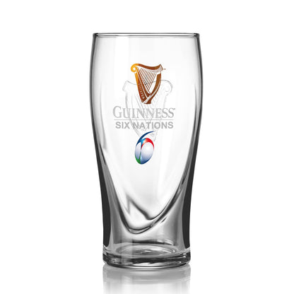 The Guinness Six Nations Pint Glass from Guinness Webstore US features the iconic Harp Logo, "SIX NATIONS" text, and tournament logo—perfect for rugby fans.