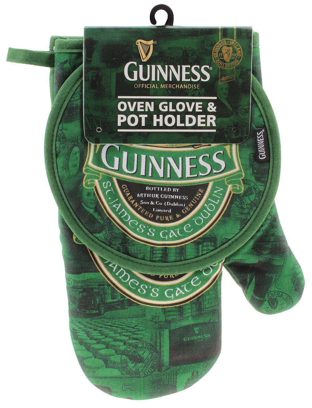 Guinness Oven Glove and Pot Holder Set in green and black featuring St. James's Gate Dublin artwork and official Guinness packaging.