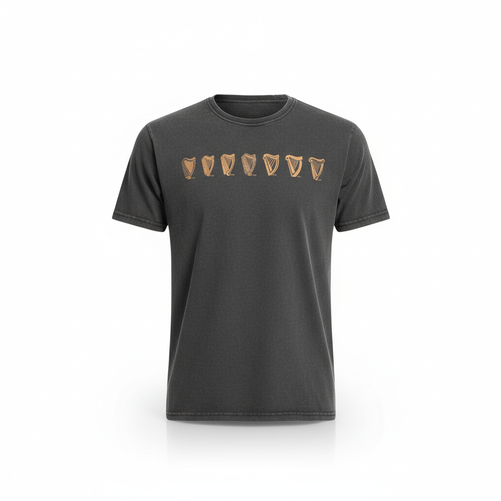 The Guinness Black Evolution Harp Premium Tee features a row of seven tan shield emblems across the chest.